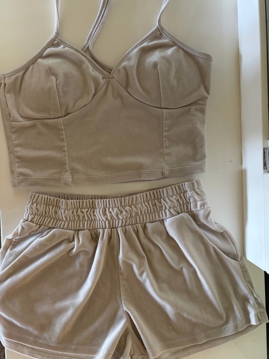 meraki Other - meraki Beige Velvet Bralette Crop Top & Shorts Set